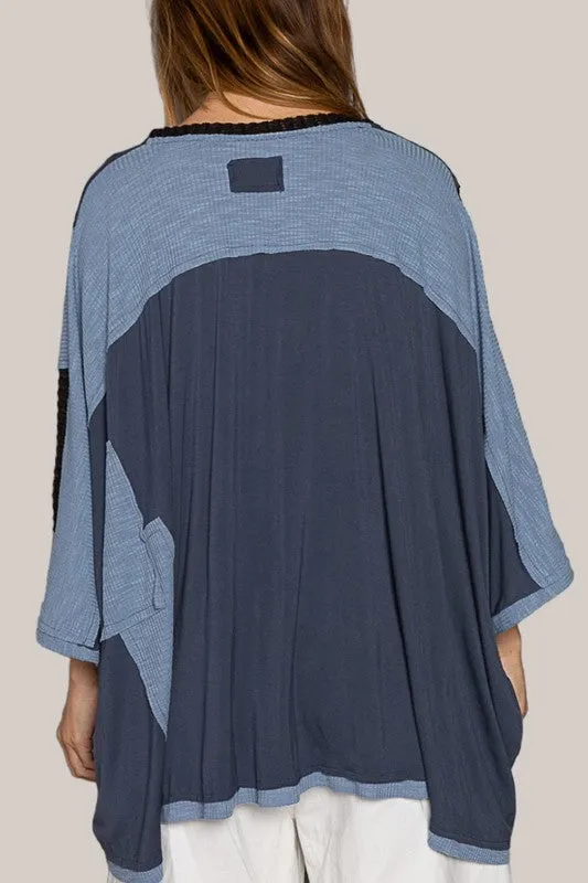 Dark Navy High-Low Contrast V-Neck Top