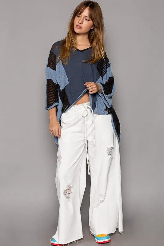 Dark Navy High-Low Contrast V-Neck Top