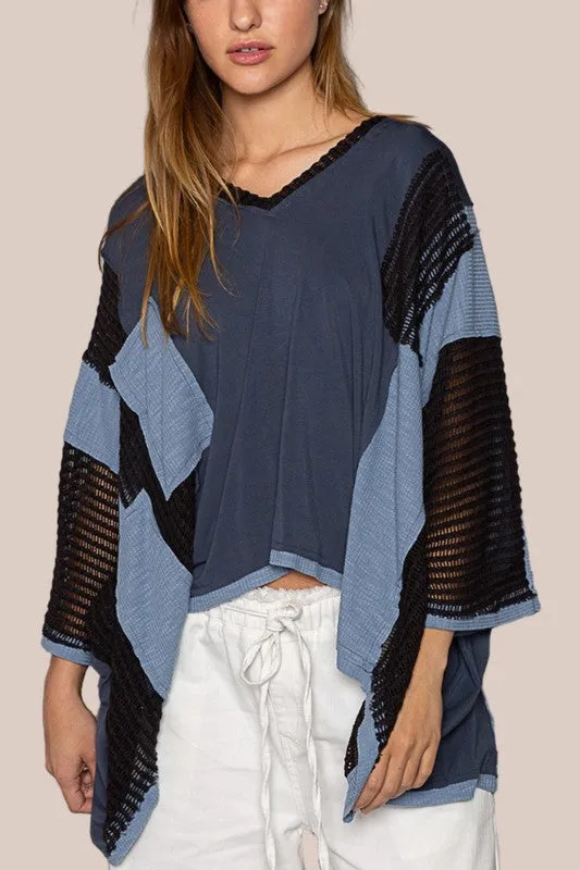Dark Navy High-Low Contrast V-Neck Top