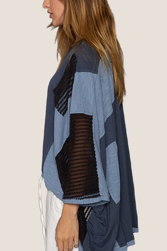 Dark Navy High-Low Contrast V-Neck Top