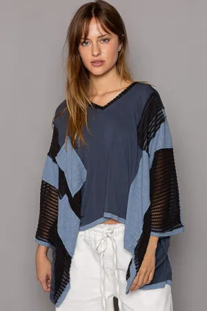 Dark Navy High-Low Contrast V-Neck Top