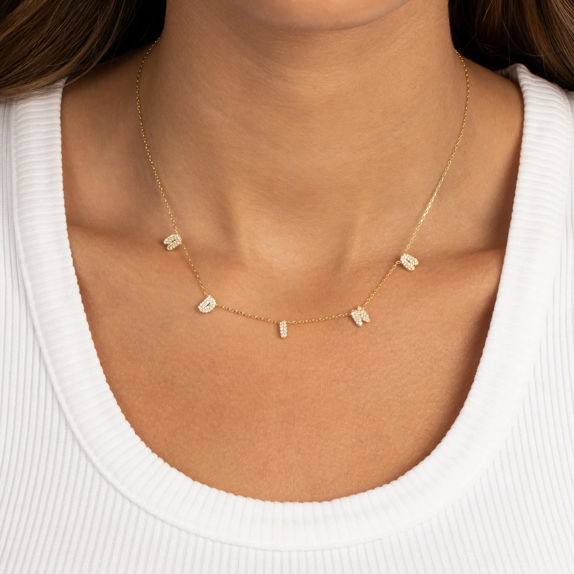 Diamond Pave Bubble Scattered Name Necklace 14K