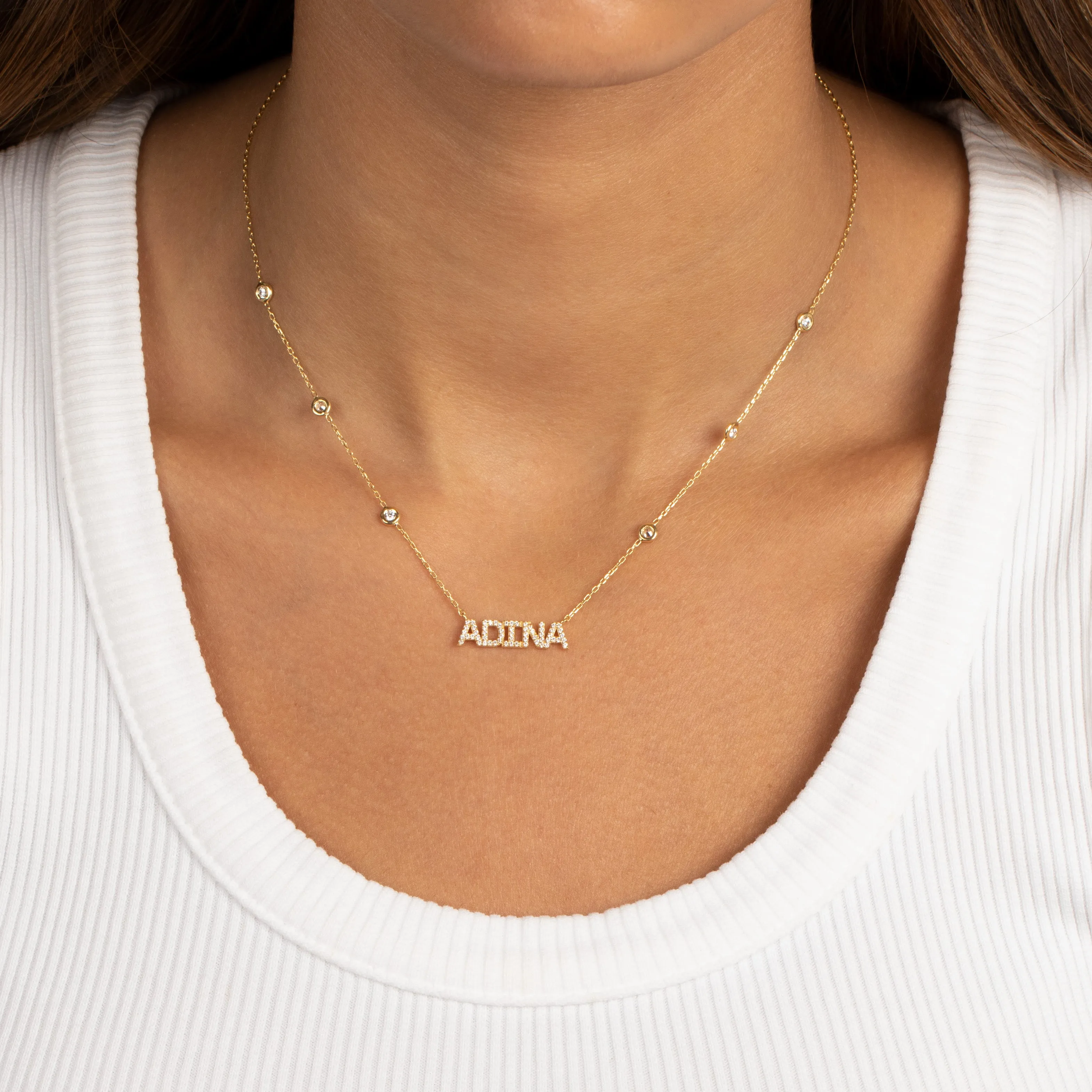 Diamond Pave X Bezel Nameplate Chain Necklace 14K
