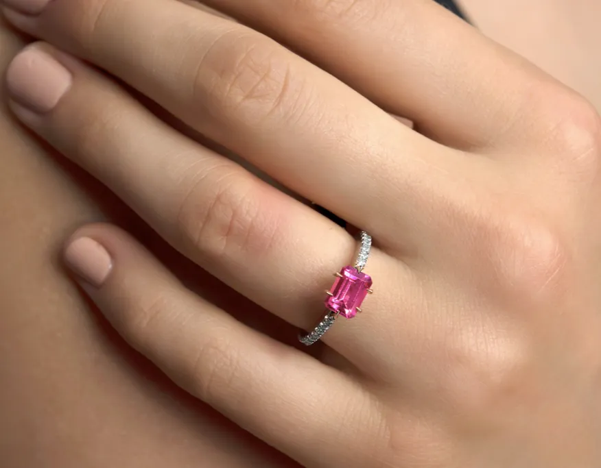 East To West Pink Tourmaline & Diamond Alternative Engagement Ring