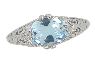 Edwardian Oval Sky Blue Topaz Filigree Engagement Ring in 14 Karat White Gold