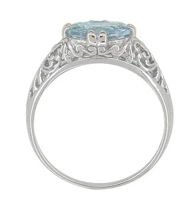 Edwardian Oval Sky Blue Topaz Filigree Engagement Ring in 14 Karat White Gold
