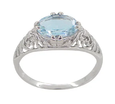 Edwardian Oval Sky Blue Topaz Filigree Engagement Ring in 14 Karat White Gold