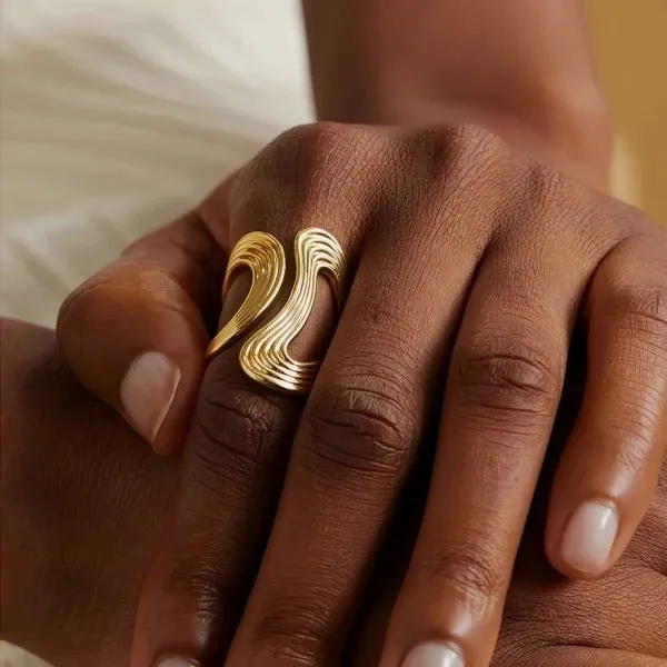Elegant Wave Design Gold Color Metal Statement Ring