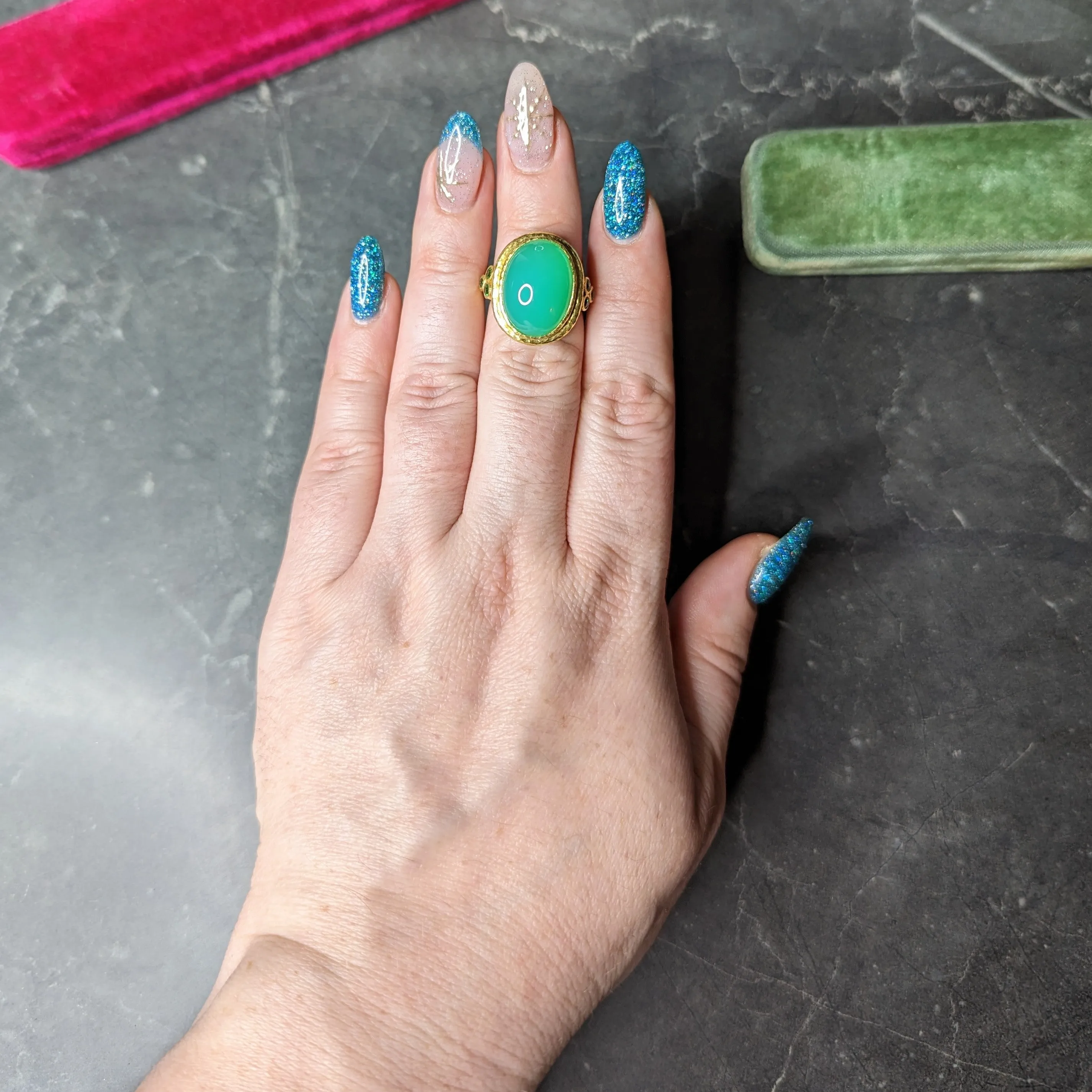 Elizabeth Locke Contemporary Chrysoprase Tsavorite Garnet 19 Karat Yellow Gold Statement Ring