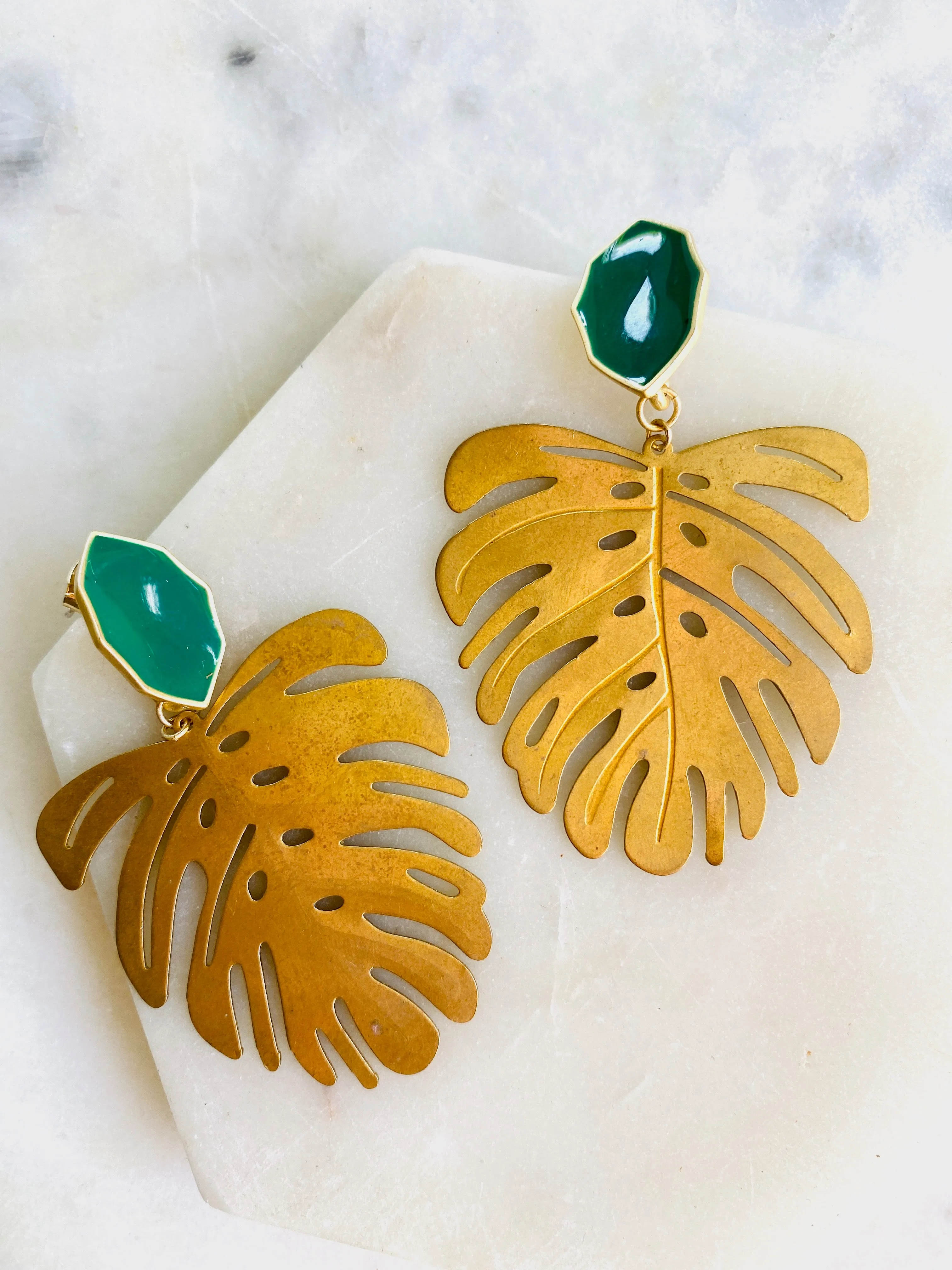 Emerald Monstera Statement Earrings