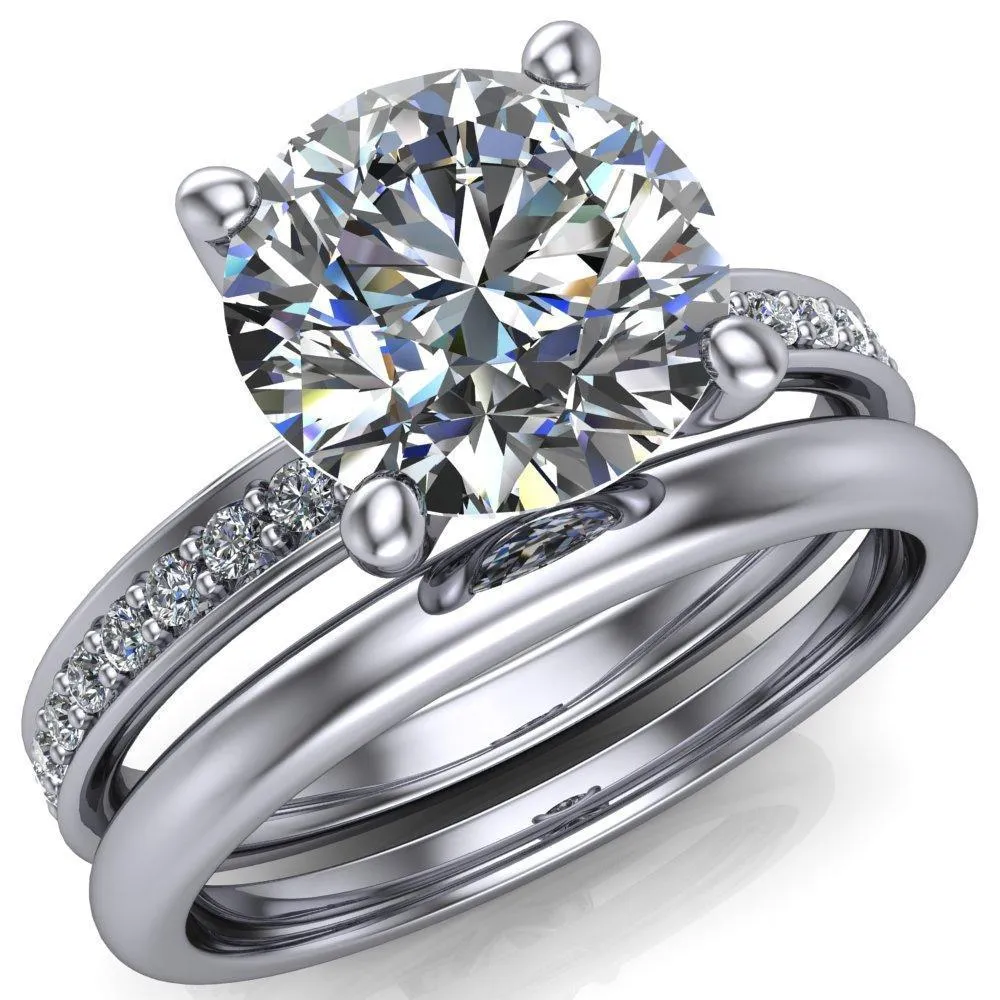 Erza Round Center Stone Exquisite 4 Prong Shank Diamond Etched Sides Comfort Fit Solitaire Ring