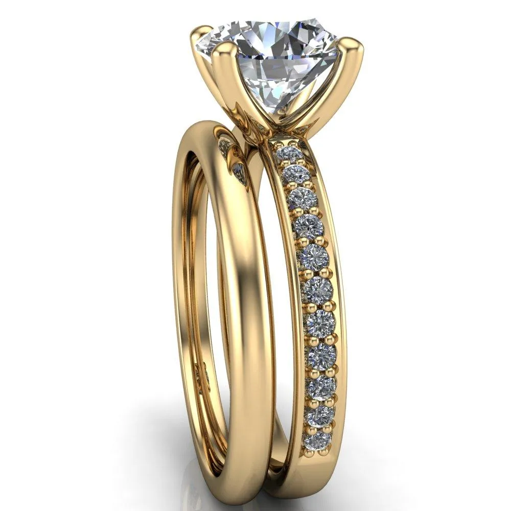 Erza Round Center Stone Exquisite 4 Prong Shank Diamond Etched Sides Comfort Fit Solitaire Ring