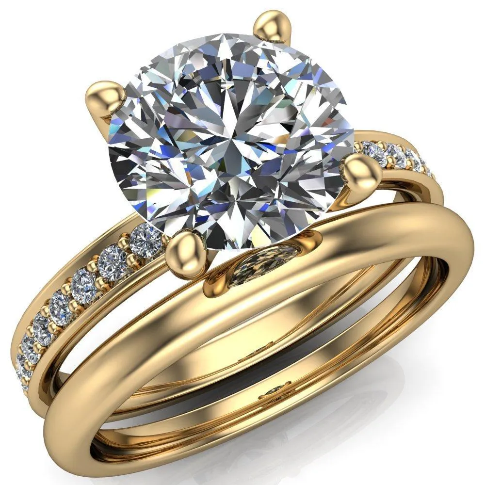 Erza Round Center Stone Exquisite 4 Prong Shank Diamond Etched Sides Comfort Fit Solitaire Ring