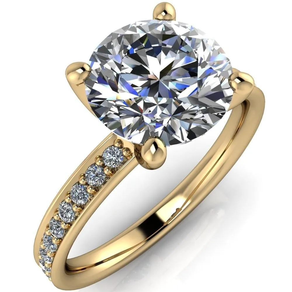 Erza Round Center Stone Exquisite 4 Prong Shank Diamond Etched Sides Comfort Fit Solitaire Ring