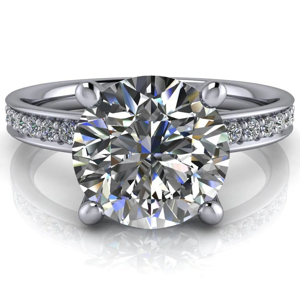 Erza Round Center Stone Exquisite 4 Prong Shank Diamond Etched Sides Comfort Fit Solitaire Ring