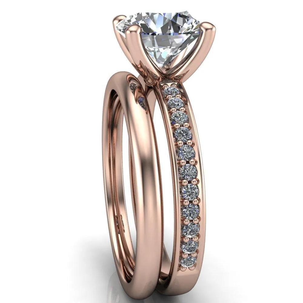 Erza Round Center Stone Exquisite 4 Prong Shank Diamond Etched Sides Comfort Fit Solitaire Ring