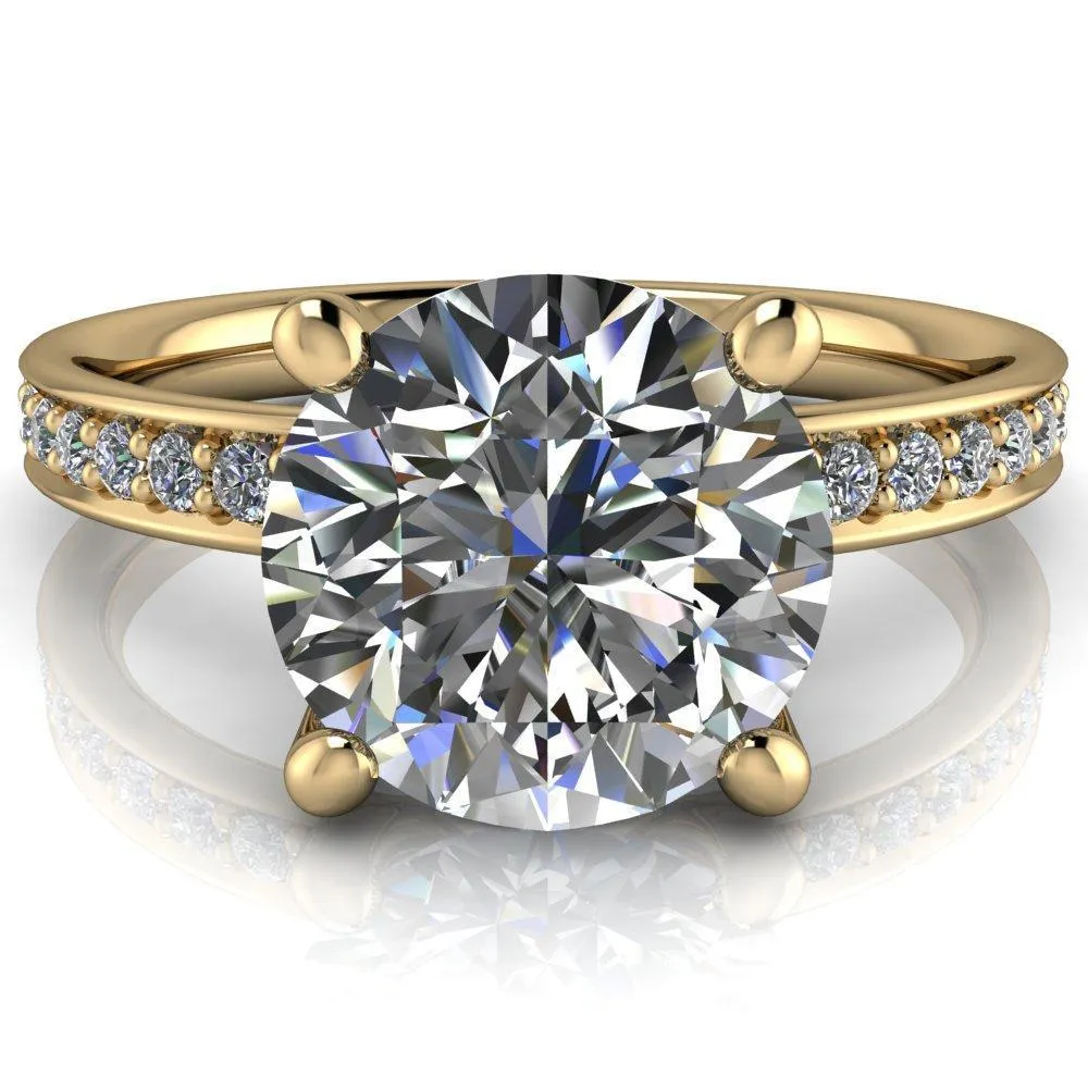 Erza Round Center Stone Exquisite 4 Prong Shank Diamond Etched Sides Comfort Fit Solitaire Ring