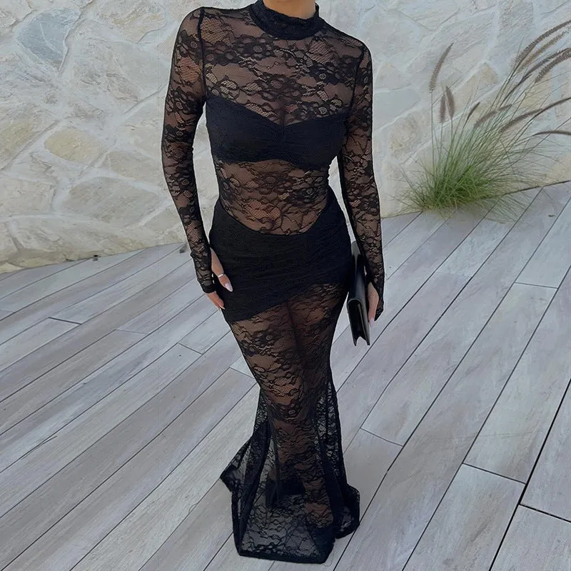 Exquisite Allure Sheer Lace Maxi Dress with Timeless Elegance