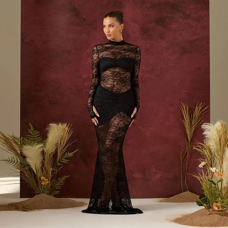 Exquisite Allure Sheer Lace Maxi Dress with Timeless Elegance