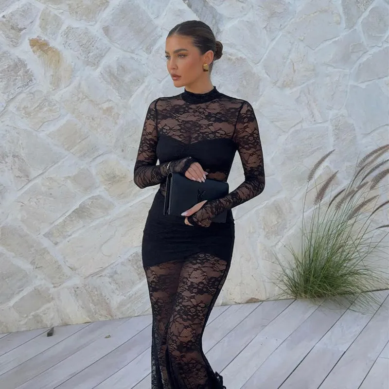 Exquisite Allure Sheer Lace Maxi Dress with Timeless Elegance