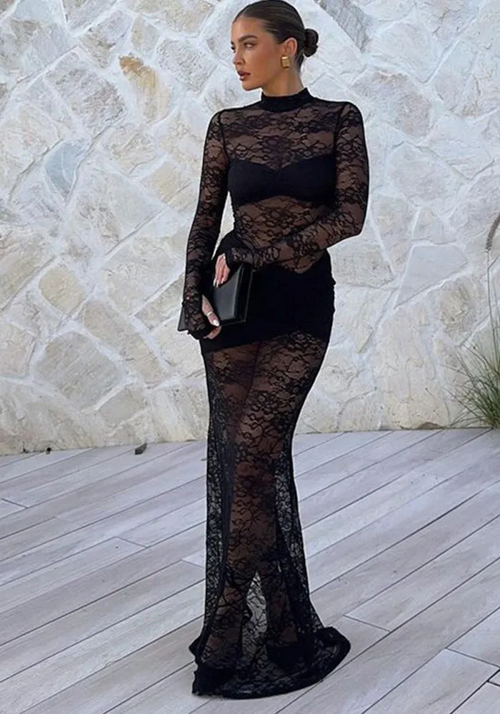 Exquisite Allure Sheer Lace Maxi Dress with Timeless Elegance