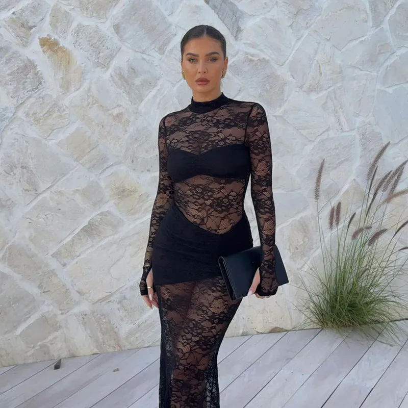 Exquisite Allure Sheer Lace Maxi Dress with Timeless Elegance