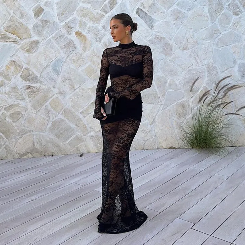 Exquisite Allure Sheer Lace Maxi Dress with Timeless Elegance