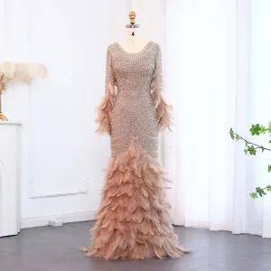 Exquisite Luxury Beaded Feather Nude Tulle Evening Dress