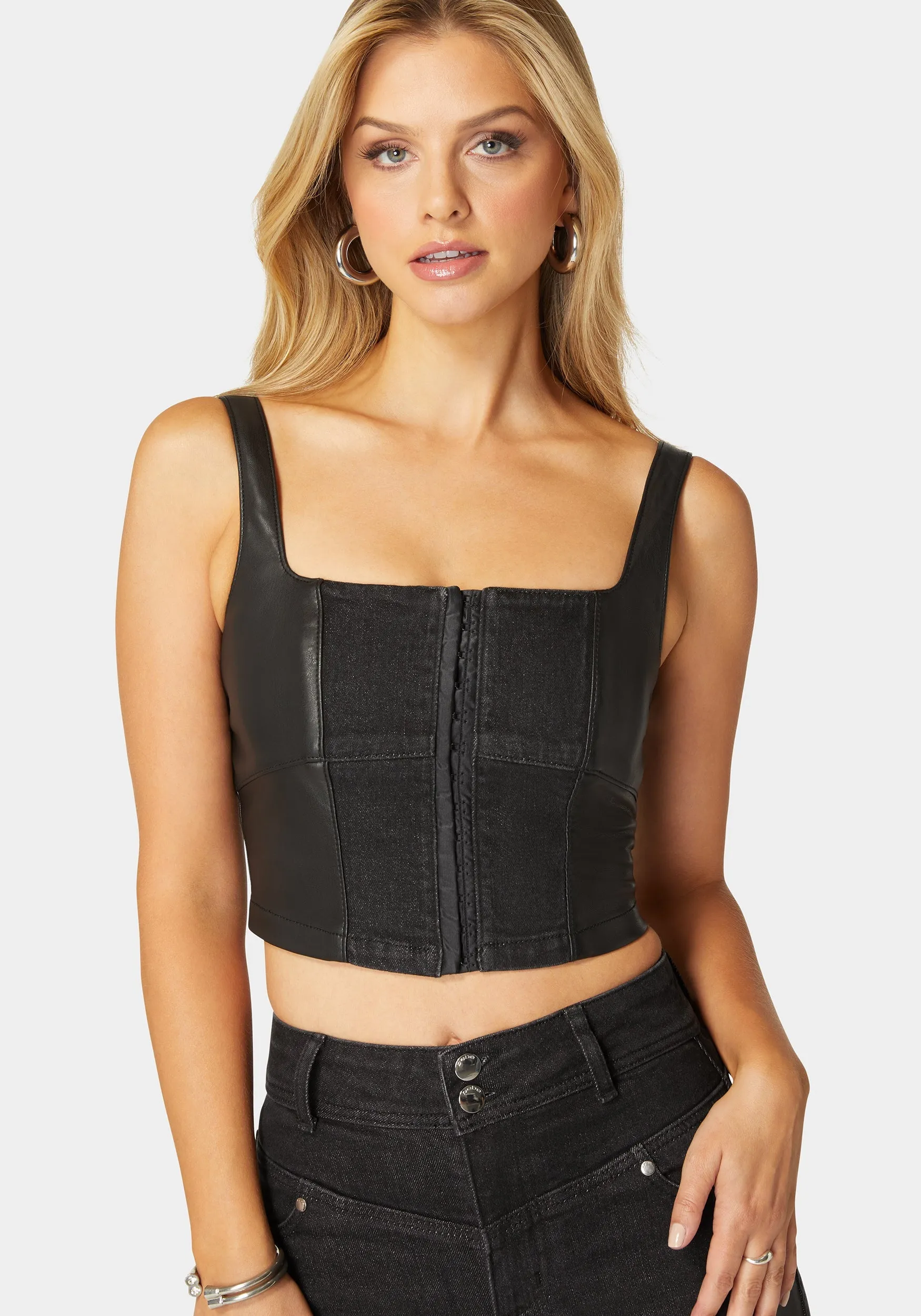 Eyelet Front Combo Vegan Leather Denim Corset