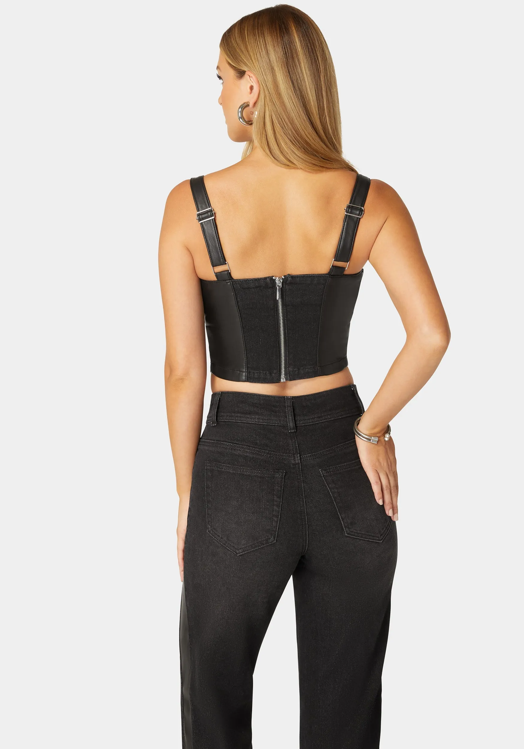 Eyelet Front Combo Vegan Leather Denim Corset