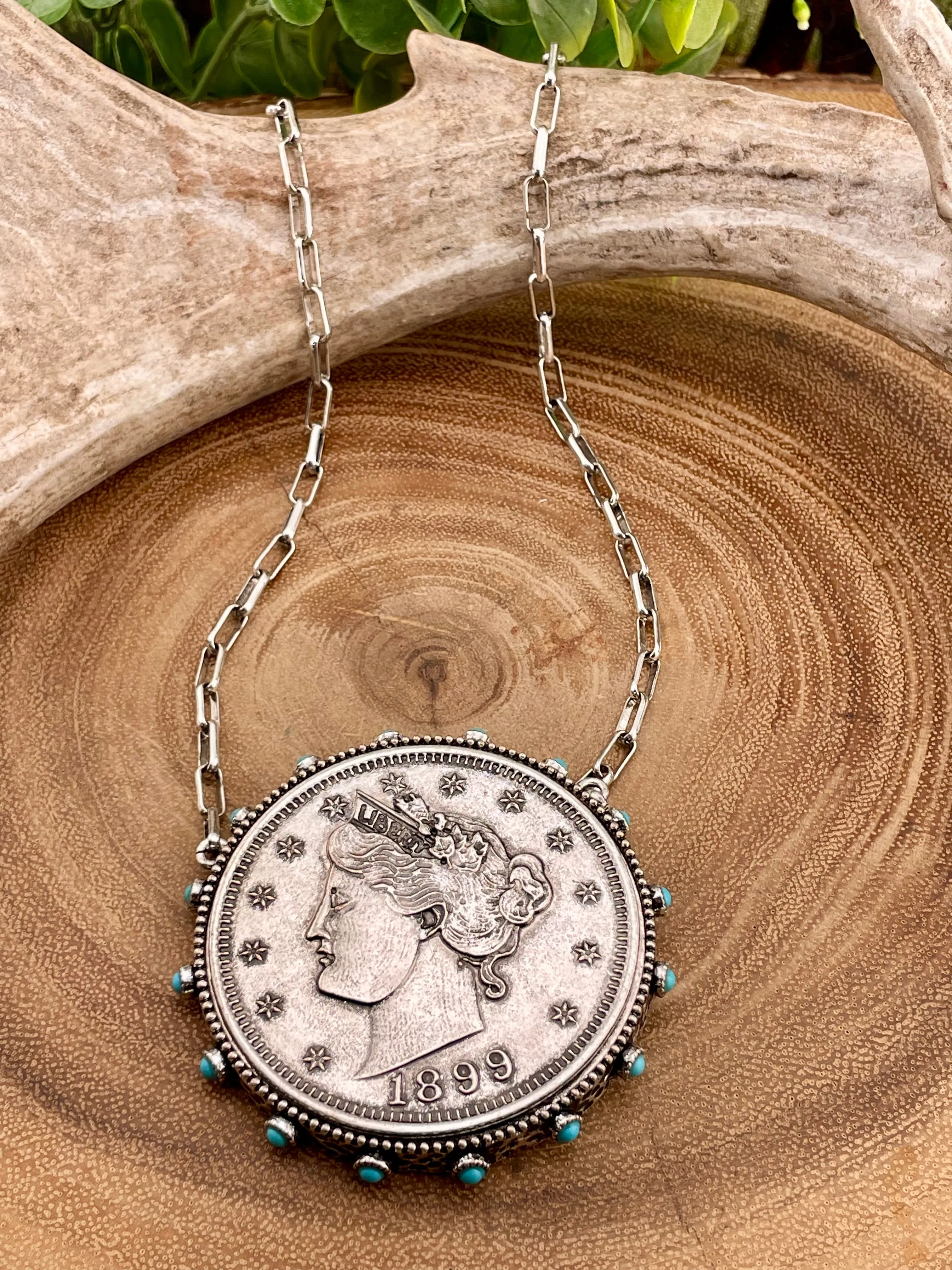 Fanfare Turquoise Edge Liberty Coin Statement Necklace