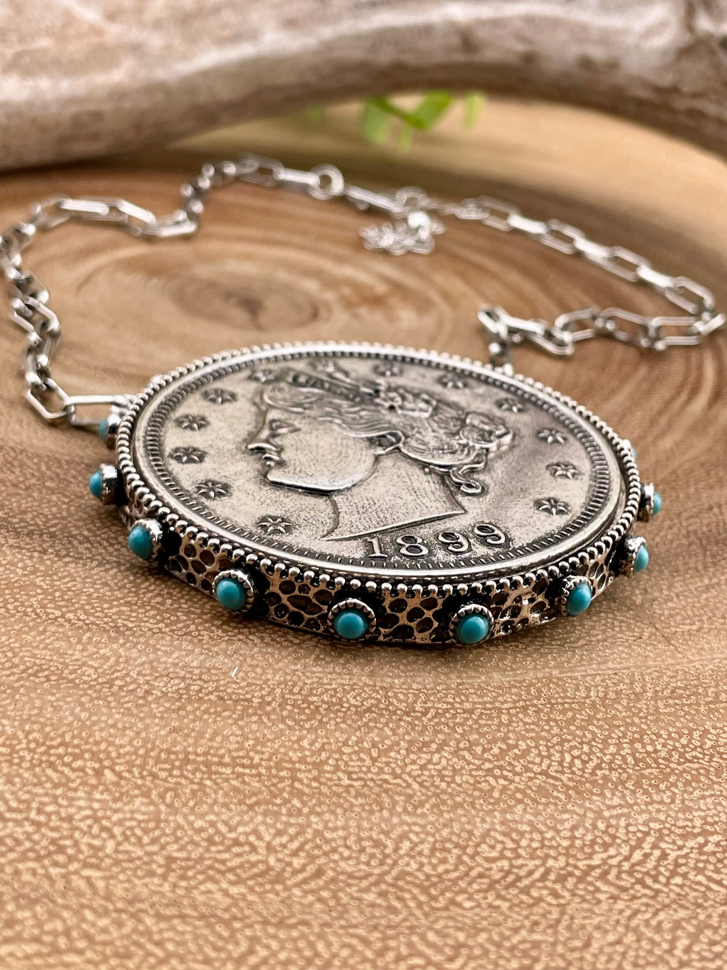Fanfare Turquoise Edge Liberty Coin Statement Necklace