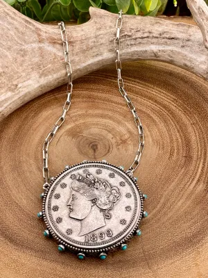 Fanfare Turquoise Edge Liberty Coin Statement Necklace