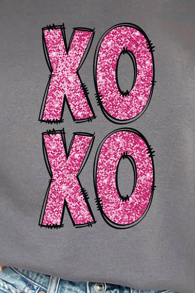 Faux Sequin Pink Stacked XOXO Transfer Heavy-weight Crew Sweatshirt
