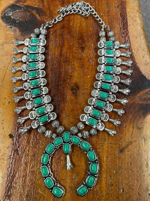 Faux Turquoise Squash Blossom Necklace