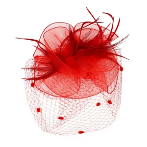 Feather Mesh Flower Fascinator Headband: Red