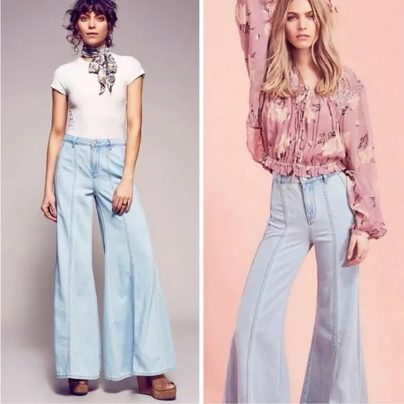FREE PEOPLE Denim Gilmore Wide Leg Landon Jeans Light Wash Mid Rise Size 0