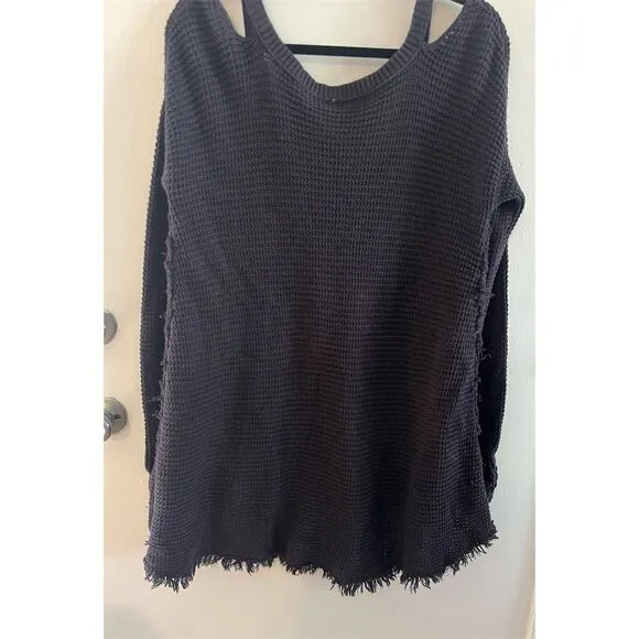Free People Women's Cold Shoulder V Neck  Sweater Gray Casual Knit High-Low S/M