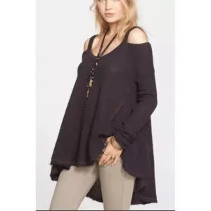 Free People Women's Cold Shoulder V Neck  Sweater Gray Casual Knit High-Low S/M