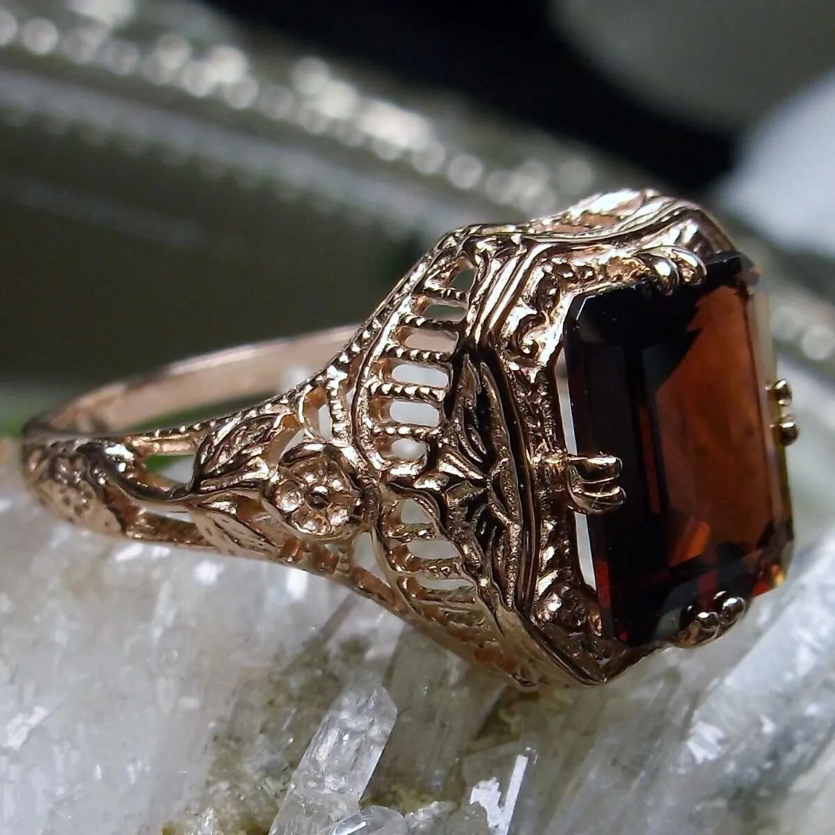 Garnet Ring, 14K or 10K Gold, Lovely Rectangle Edwardian Jewelry #D148