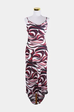 GO Red, Cream, Burgundy, Black 70s Pattern Long Slip Cowl Neck Dress