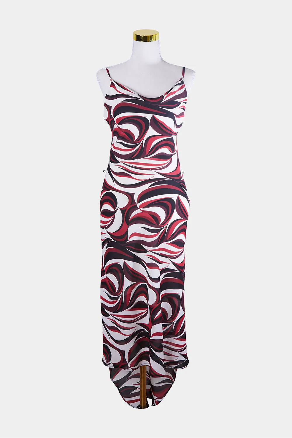 GO Red, Cream, Burgundy, Black 70s Pattern Long Slip Cowl Neck Dress