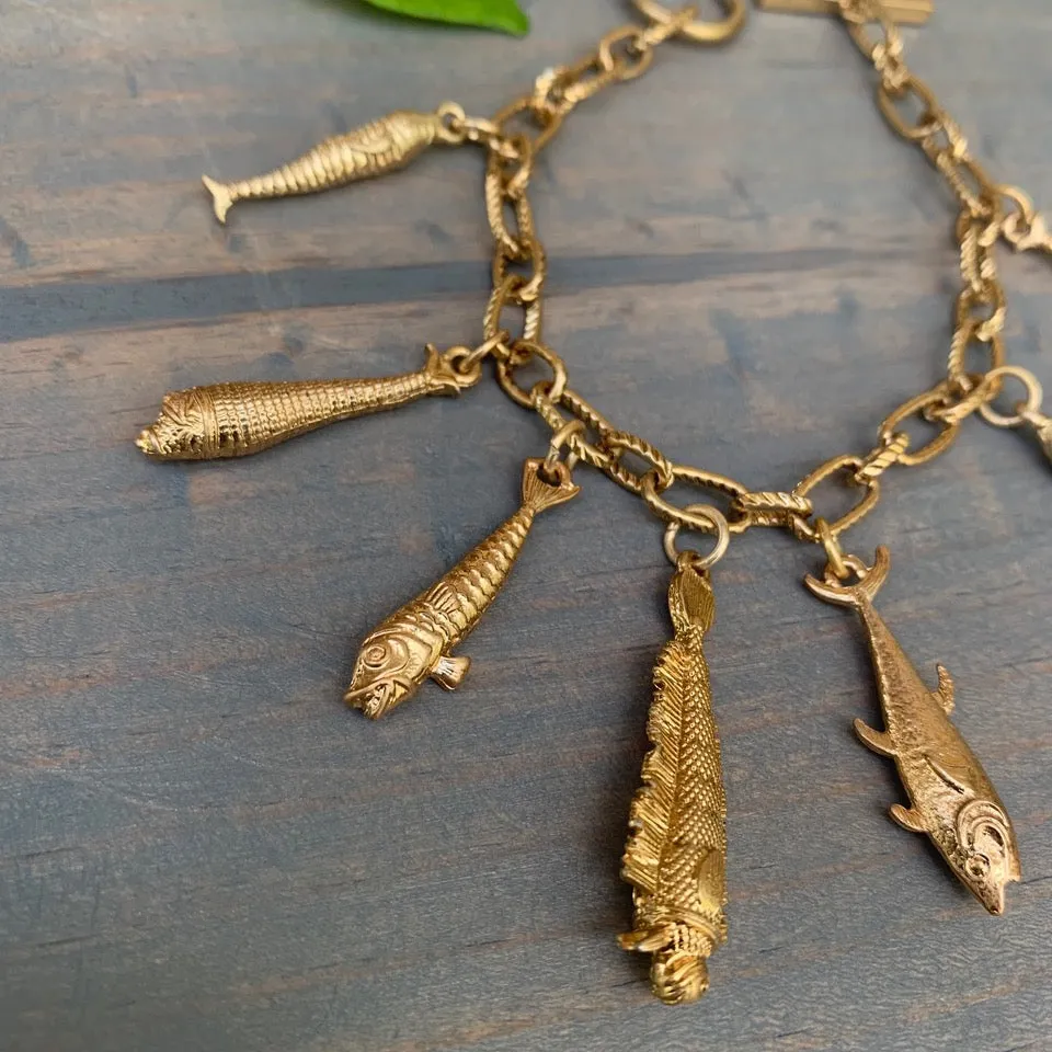Gold Plated Bracelet with Diverse Fish Pendants 400-10 | Erika Williner Designs