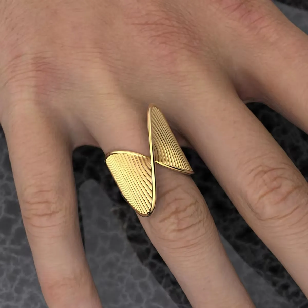 Golden Wave DNA-Inspired Irregular Statement Ring