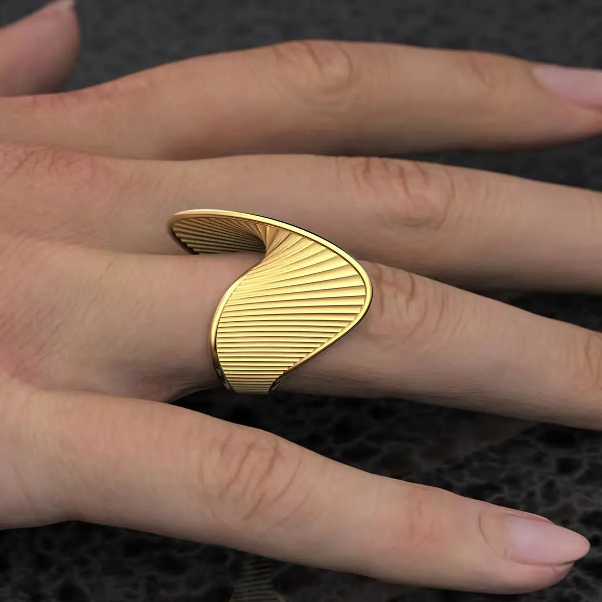 Golden Wave DNA-Inspired Irregular Statement Ring