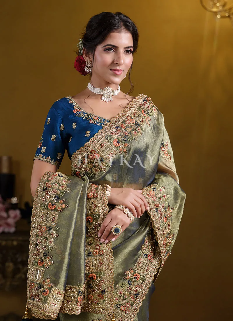 Green And Blue Embroidered Silk Saree