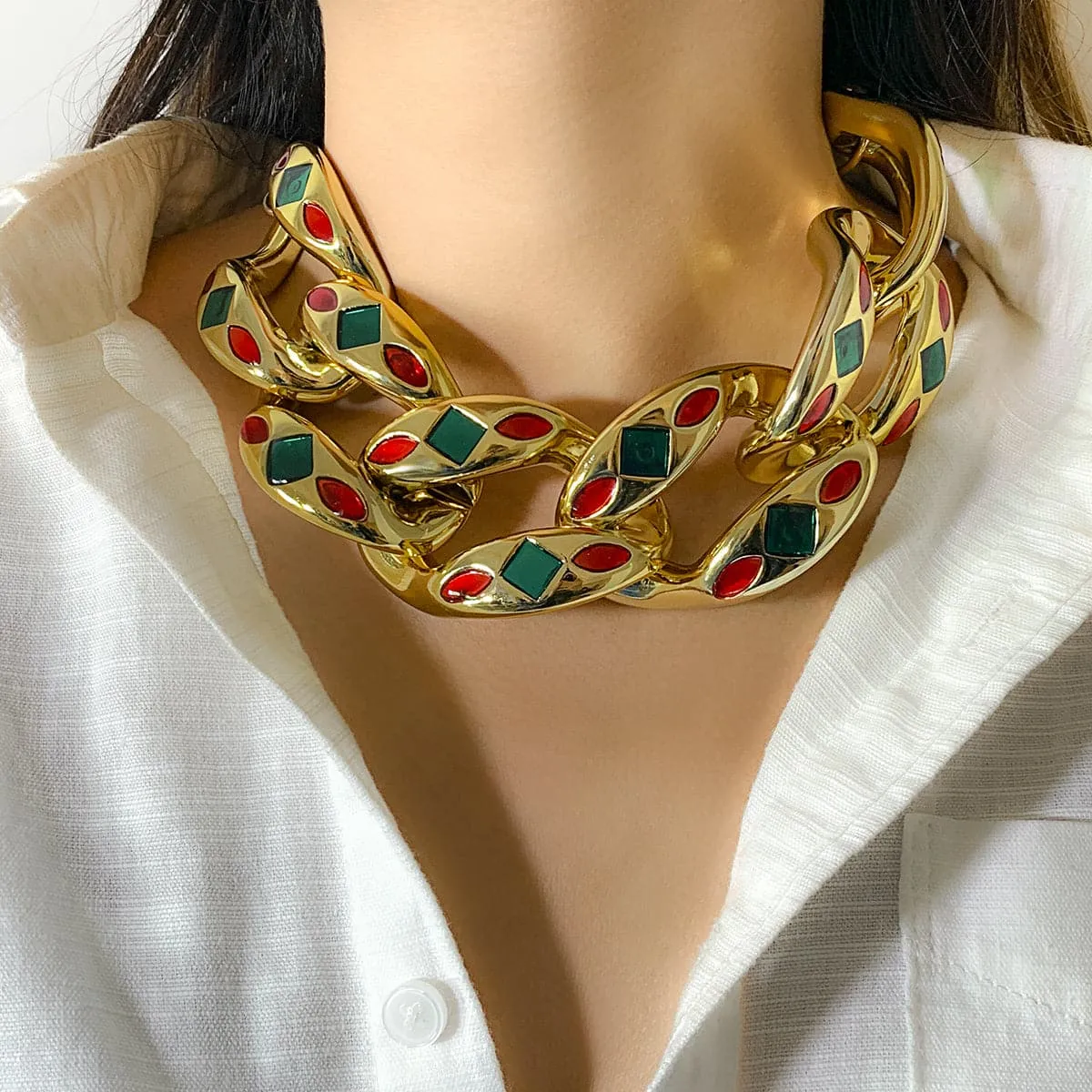 Green Enamel & 18K Gold-Plated Curb-Chain Choker