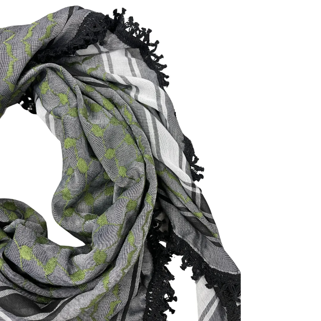 Green on Grey Kuffiyeh with Black Tassels