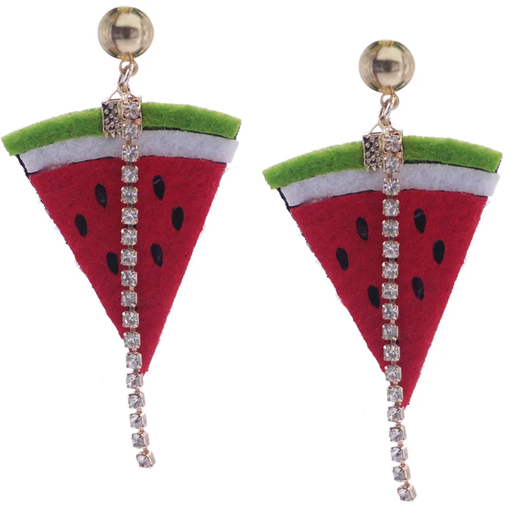 Green Red Seeded Watermelon Slice Rhinestone Earrings