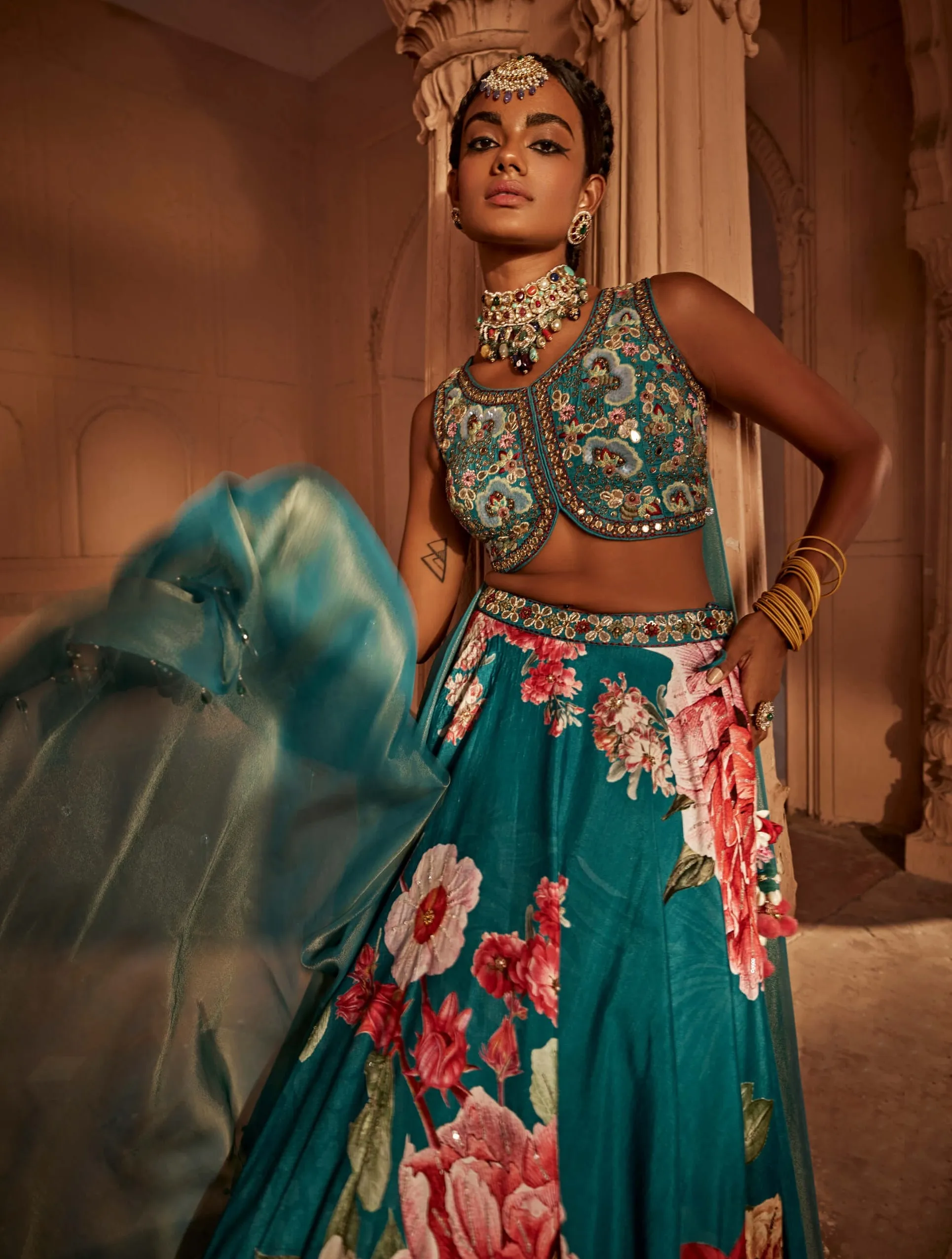 Gushaad teal blue floral lehenga set